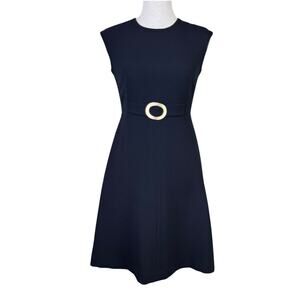 Talbots Navy Woven/Lined Gold Waist Belt Fit & Flare Dress